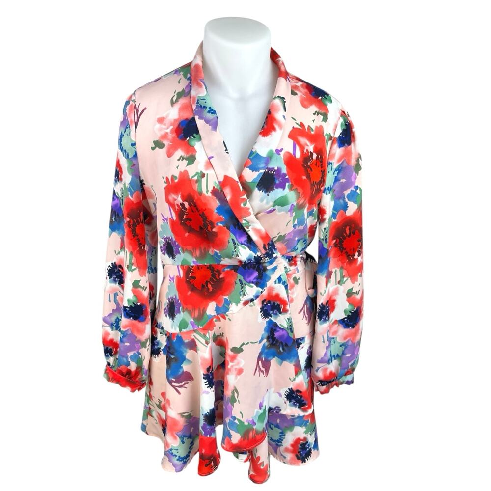 Boohoo Womens Multicolor Floral Wrap Tie Long Sleeve Mini Skater A-line Dress 14